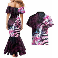 Polynesian Art Tattoo Couples Matching Mermaid Dress and Hawaiian Shirt Plumeria Flowers Pink Gradient