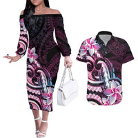 Polynesian Art Tattoo Couples Matching Off The Shoulder Long Sleeve Dress and Hawaiian Shirt Plumeria Flowers Pink Gradient LT05 Pink - Polynesian Pride