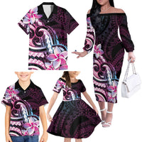 Polynesian Art Tattoo Family Matching Off The Shoulder Long Sleeve Dress and Hawaiian Shirt Plumeria Flowers Pink Gradient LT05 - Polynesian Pride