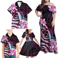 Polynesian Art Tattoo Family Matching Off Shoulder Maxi Dress and Hawaiian Shirt Plumeria Flowers Pink Gradient