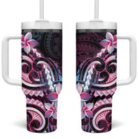 Polynesian Art Tattoo Tumbler With Handle Plumeria Flowers Pink Gradient