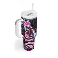 Polynesian Art Tattoo Tumbler With Handle Plumeria Flowers Pink Gradient