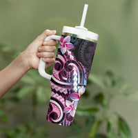 Polynesian Art Tattoo Tumbler With Handle Plumeria Flowers Pink Gradient
