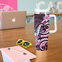 Polynesian Art Tattoo Tumbler With Handle Plumeria Flowers Pink Gradient