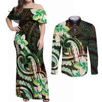 Polynesian Art Tattoo Couples Matching Off Shoulder Maxi Dress and Long Sleeve Button Shirt Plumeria Flowers Green Gradient