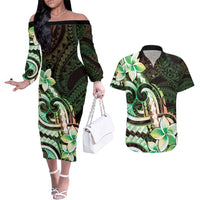 Polynesian Art Tattoo Couples Matching Off The Shoulder Long Sleeve Dress and Hawaiian Shirt Plumeria Flowers Green Gradient LT05 Green - Polynesian Pride