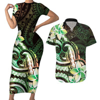 Polynesian Art Tattoo Couples Matching Short Sleeve Bodycon Dress and Hawaiian Shirt Plumeria Flowers Green Gradient LT05 Green - Polynesian Pride