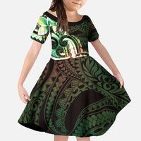 Polynesian Art Tattoo Family Matching Mermaid Dress and Hawaiian Shirt Plumeria Flowers Green Gradient LT05 Daughter's Dress Green - Polynesian Pride