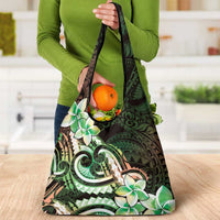 Polynesian Art Tattoo Grocery Bag Plumeria Flowers Green Gradient