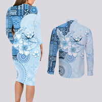 Hawaii Tapa Pattern With Blue Hibiscus Couples Matching Long Sleeve Bodycon Dress and Long Sleeve Button Shirt
