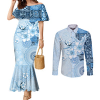 Hawaii Tapa Pattern With Blue Hibiscus Couples Matching Mermaid Dress and Long Sleeve Button Shirt