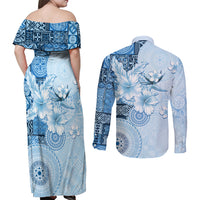 Hawaii Tapa Pattern With Blue Hibiscus Couples Matching Off Shoulder Maxi Dress and Long Sleeve Button Shirt