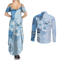 Hawaii Tapa Pattern With Blue Hibiscus Couples Matching Summer Maxi Dress and Long Sleeve Button Shirt