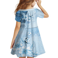 Hawaii Tapa Pattern With Blue Hibiscus Kid Short Sleeve Dress