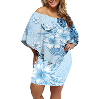 Hawaii Tapa Pattern With Blue Hibiscus Off Shoulder Short Dress