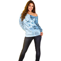 Hawaii Tapa Pattern With Blue Hibiscus Off Shoulder Sweater