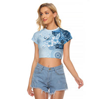 Hawaii Tapa Pattern With Blue Hibiscus Raglan Cropped T Shirt