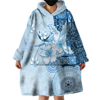 Hawaii Tapa Pattern With Blue Hibiscus Wearable Blanket Hoodie