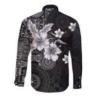 Hawaii Tapa Pattern With Black Hibiscus Long Sleeve Button Shirt