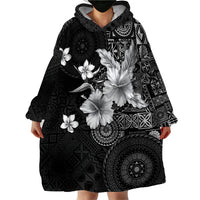 Hawaii Tapa Pattern With Black Hibiscus Wearable Blanket Hoodie