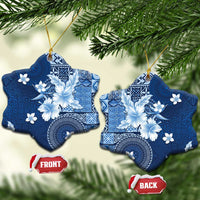 Hawaii Tapa Pattern With Navy Hibiscus Ceramic Ornament