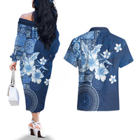 Hawaii Tapa Pattern With Navy Hibiscus Couples Matching Off The Shoulder Long Sleeve Dress and Hawaiian Shirt