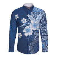 Hawaii Tapa Pattern With Navy Hibiscus Long Sleeve Button Shirt