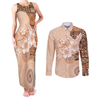 Hawaii Tapa Pattern With Brown Hibiscus Couples Matching Tank Maxi Dress and Long Sleeve Button Shirt