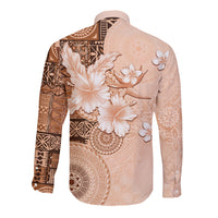 Hawaii Tapa Pattern With Brown Hibiscus Long Sleeve Button Shirt
