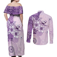 Hawaii Tapa Pattern With Violet Hibiscus Couples Matching Off Shoulder Maxi Dress and Long Sleeve Button Shirt