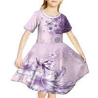 Hawaii Tapa Pattern With Violet Hibiscus Kid Short Sleeve Dress