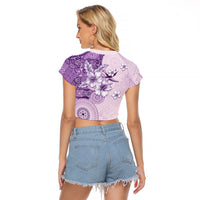 Hawaii Tapa Pattern With Violet Hibiscus Raglan Cropped T Shirt