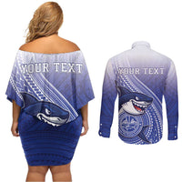 Personalized Samoana High School Couples Matching Off Shoulder Short Dress and Long Sleeve Button Shirt Polynesian Tribal Shark