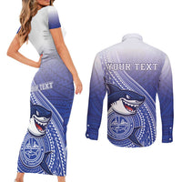 Personalized Samoana High School Couples Matching Short Sleeve Bodycon Dress and Long Sleeve Button Shirt Polynesian Tribal Shark