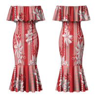 Hawaii Kakau Tribal Couples Matching Mermaid Dress and Long Sleeve Button Shirt With Red Tiare LT05 - Polynesian Pride