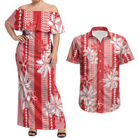 Hawaii Kakau Tribal Couples Matching Off Shoulder Maxi Dress and Hawaiian Shirt With Red Tiare LT05 Red - Polynesian Pride