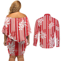 Hawaii Kakau Tribal Couples Matching Off Shoulder Short Dress and Long Sleeve Button Shirt With Red Tiare