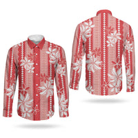Hawaii Kakau Tribal Couples Matching Off Shoulder Short Dress and Long Sleeve Button Shirt With Red Tiare LT05 - Polynesian Pride