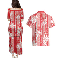 Hawaii Kakau Tribal Couples Matching Puletasi and Hawaiian Shirt With Red Tiare LT05 - Polynesian Pride