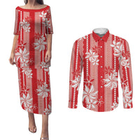 Hawaii Kakau Tribal Couples Matching Puletasi and Long Sleeve Button Shirt With Red Tiare LT05 Red - Polynesian Pride
