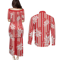 Hawaii Kakau Tribal Couples Matching Puletasi and Long Sleeve Button Shirt With Red Tiare LT05 - Polynesian Pride