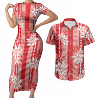 Hawaii Kakau Tribal Couples Matching Short Sleeve Bodycon Dress and Hawaiian Shirt With Red Tiare LT05 Red - Polynesian Pride