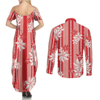 Hawaii Kakau Tribal Couples Matching Summer Maxi Dress and Long Sleeve Button Shirt With Red Tiare