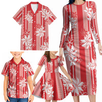 Hawaii Kakau Tribal Family Matching Long Sleeve Bodycon Dress and Hawaiian Shirt With Red Tiare LT05 - Polynesian Pride