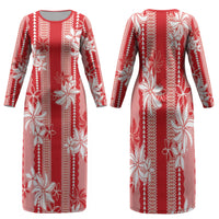 Hawaii Kakau Tribal Family Matching Long Sleeve Bodycon Dress and Hawaiian Shirt With Red Tiare LT05 Mom's Dress Red - Polynesian Pride
