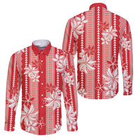 Hawaii Kakau Tribal Family Matching Long Sleeve Bodycon Dress and Hawaiian Shirt With Red Tiare LT05 Dad's Shirt - Long Sleeve Red - Polynesian Pride