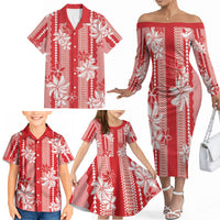 Hawaii Kakau Tribal Family Matching Off The Shoulder Long Sleeve Dress and Hawaiian Shirt With Red Tiare LT05 - Polynesian Pride