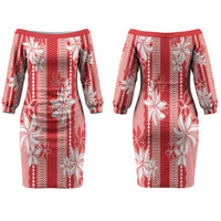 Hawaii Kakau Tribal Family Matching Off The Shoulder Long Sleeve Dress and Hawaiian Shirt With Red Tiare LT05 Mom's Dress Red - Polynesian Pride