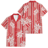 Hawaii Kakau Tribal Family Matching Off The Shoulder Long Sleeve Dress and Hawaiian Shirt With Red Tiare LT05 Dad's Shirt - Short Sleeve Red - Polynesian Pride