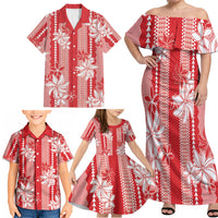 Hawaii Kakau Tribal Family Matching Off Shoulder Maxi Dress and Hawaiian Shirt With Red Tiare LT05 - Polynesian Pride